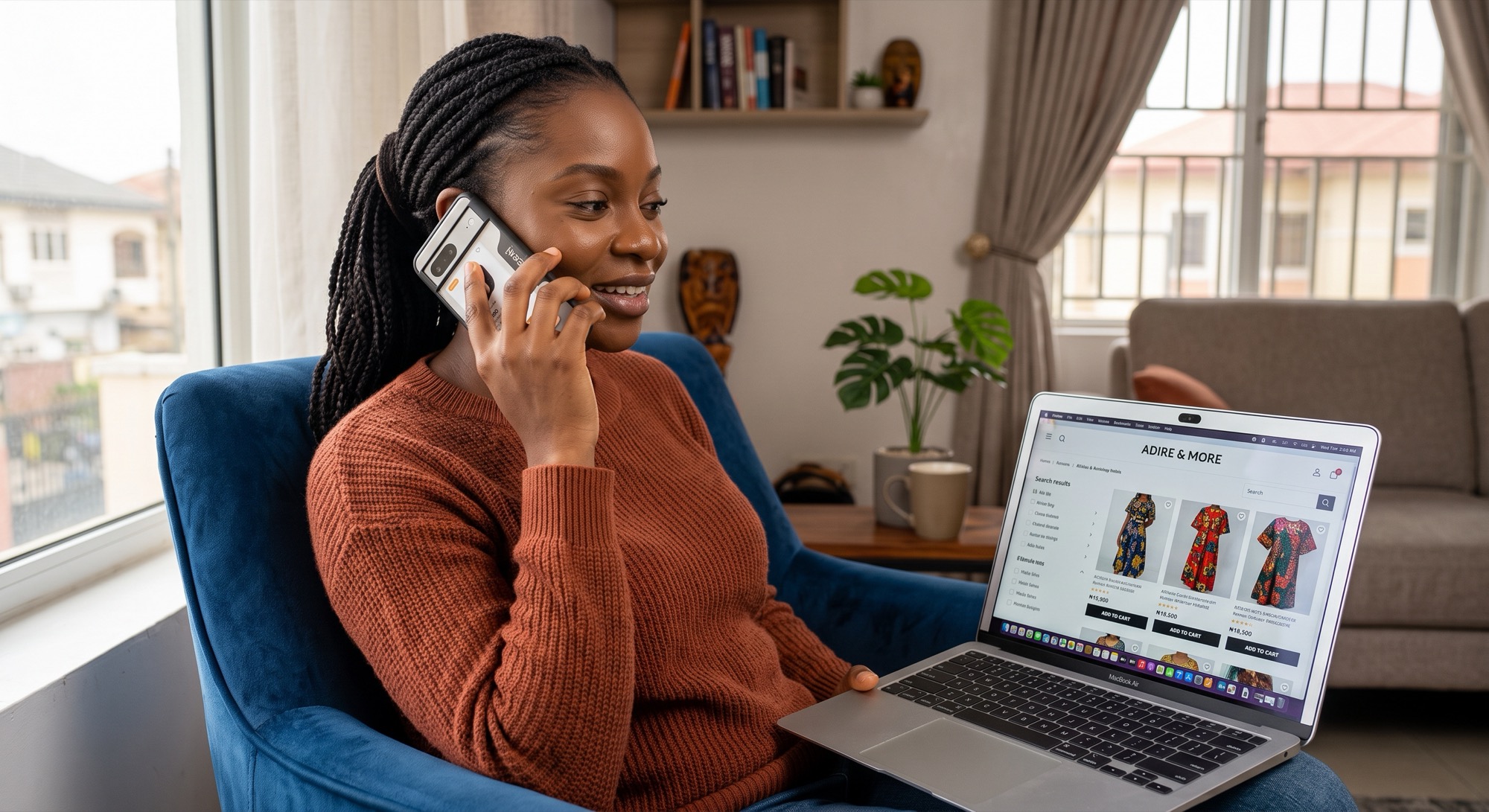 A Nigerian woman on a phone call while browsing an online shop on her laptop — researching first, then closing the loop with a call