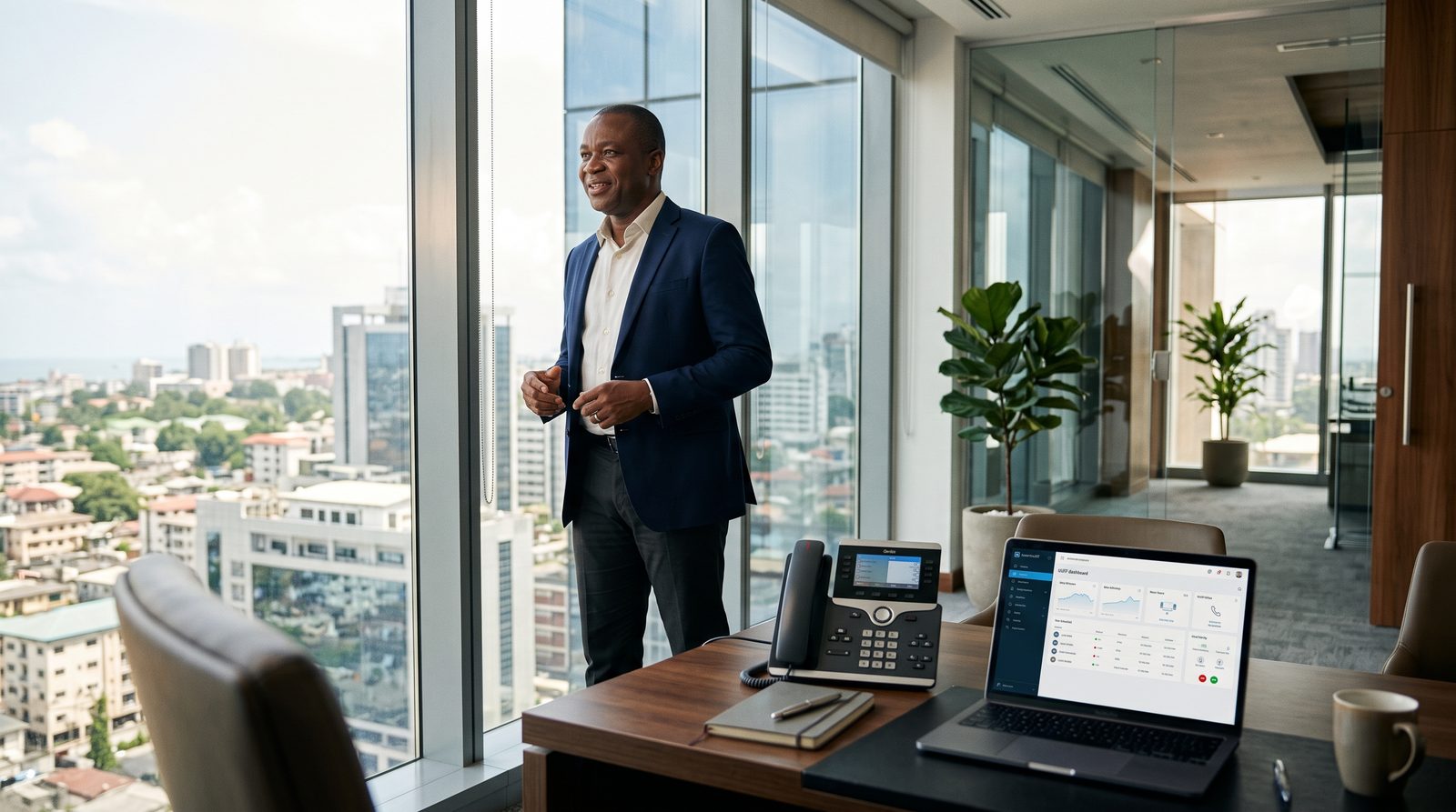 A business owner standing by the window of a high-rise Lagos office, with an IP desk phone and a laptop showing a phone system dashboard on the desk