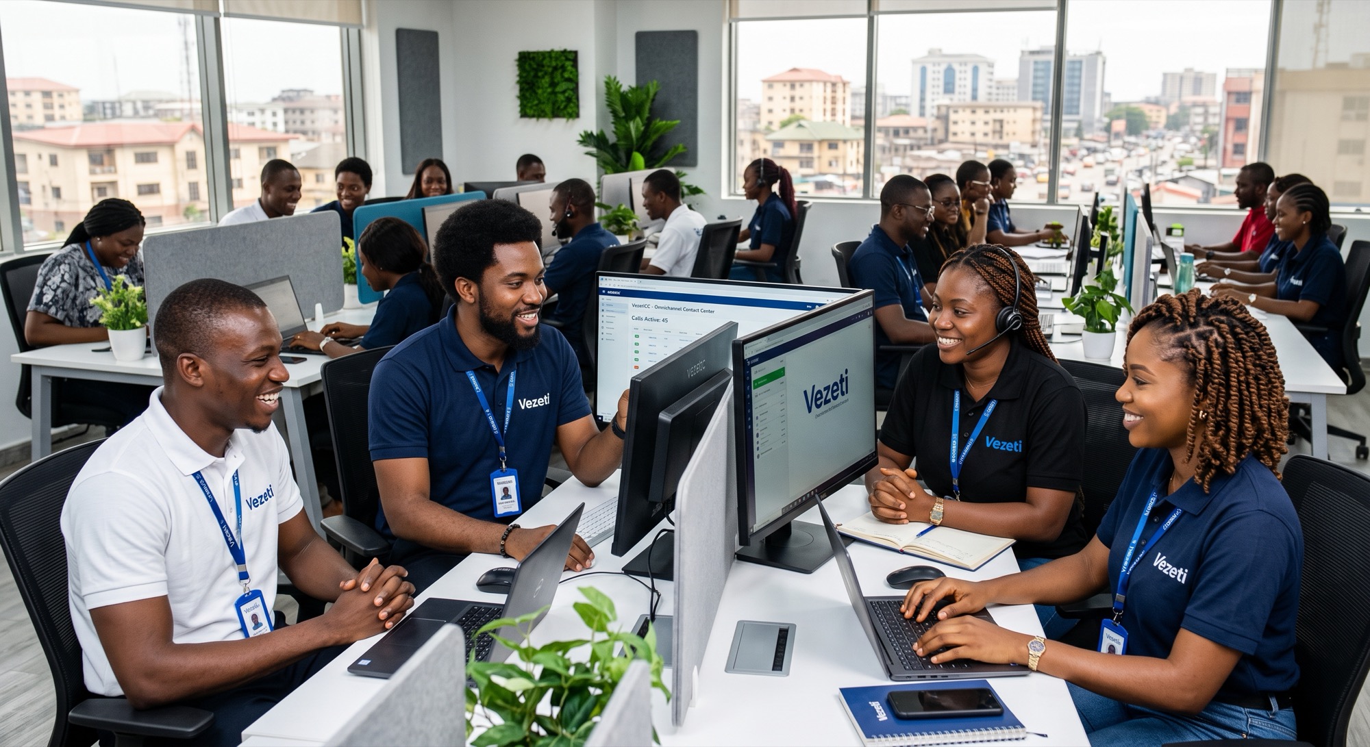 Vezeti team members collaborating at their desks in front of the VezeriCC omnichannel contact center dashboard