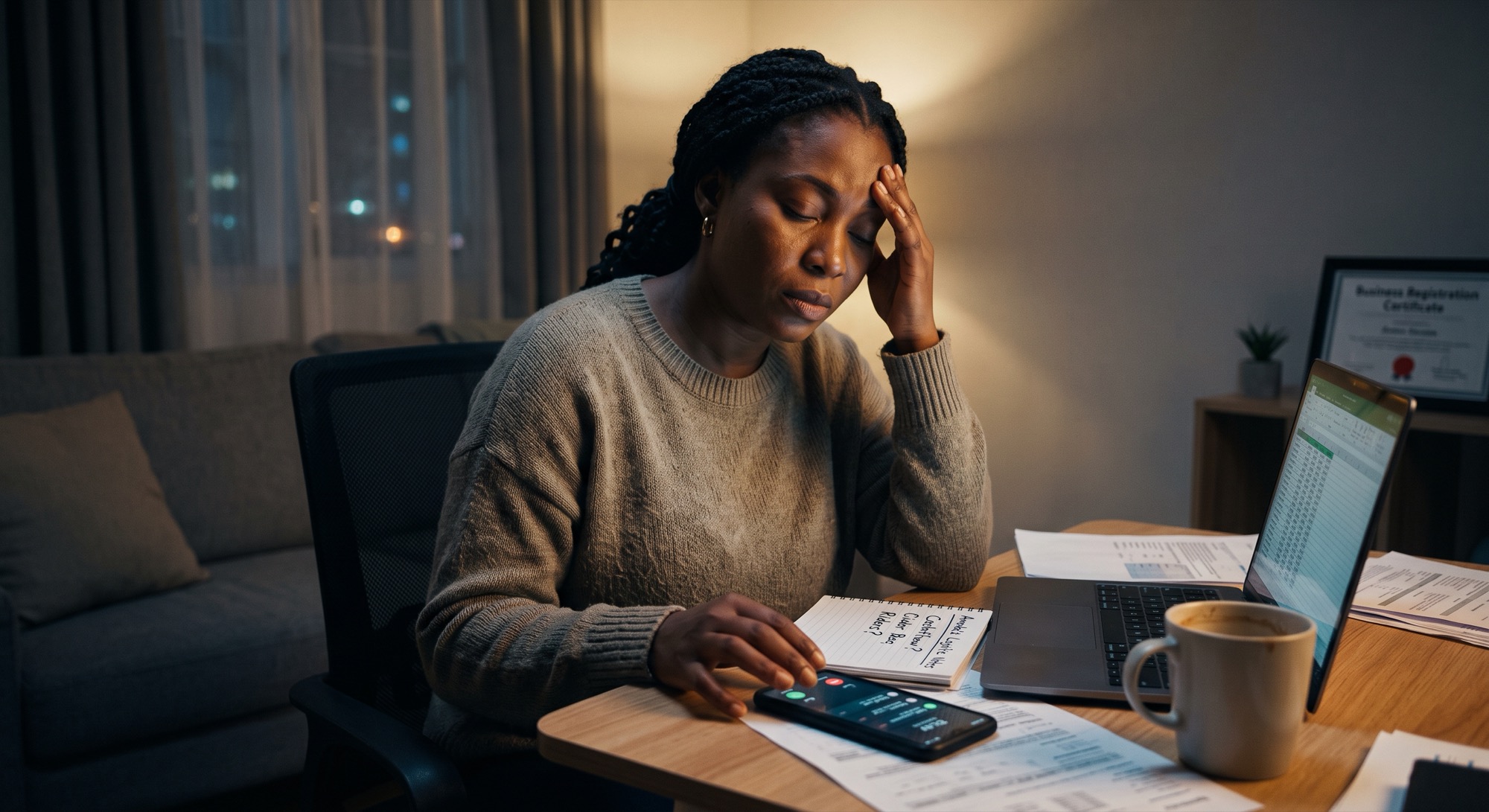 An exhausted entrepreneur holding her head at a home office desk late at night, surrounded by paperwork and a ringing phone