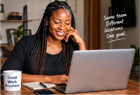 A woman smiling as she works on a laptop from home — same team, different locations, one goal