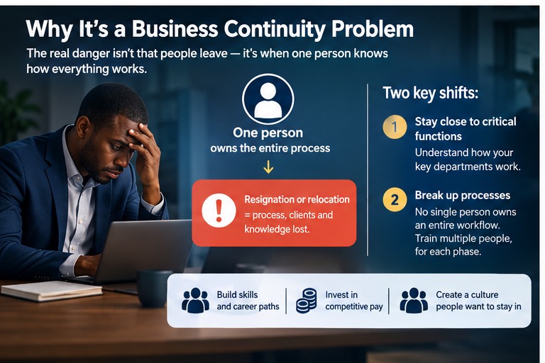 Infographic: when one person owns an entire process, a resignation means process, clients and knowledge are lost; two key shifts are staying close to critical functions and breaking up processes