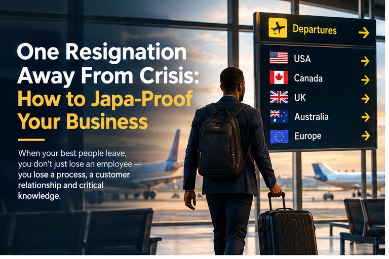A Nigerian professional with a backpack and suitcase walking through an airport toward a departures board listing USA, Canada, UK, Australia and Europe