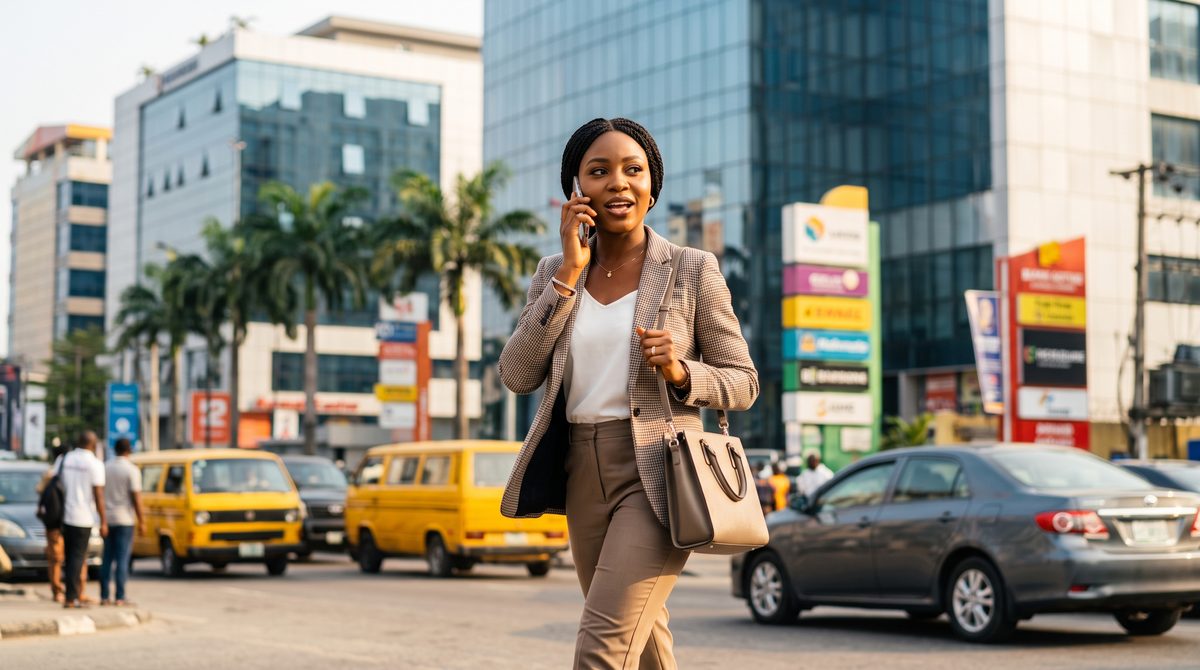 A businesswoman taking a call on her mobile phone as she walks through a busy Lagos business district
