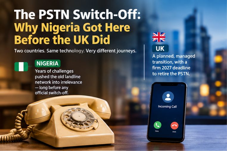 An old rotary landline phone beside a smartphone showing an incoming call — Nigeria's landline network faded long before the UK's planned 2027 PSTN switch-off