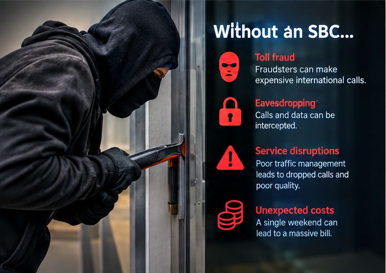 A hooded intruder forcing a door, beside a list of risks without an SBC: toll fraud, eavesdropping, service disruptions and unexpected costs