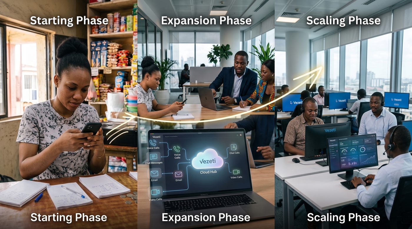 Three stages of growth: a starting phase with one person running the business from her phone, an expansion phase with a small team around a laptop showing a Vezeti cloud communications hub, and a scaling phase with a full support team at Vezeti-branded workstations
