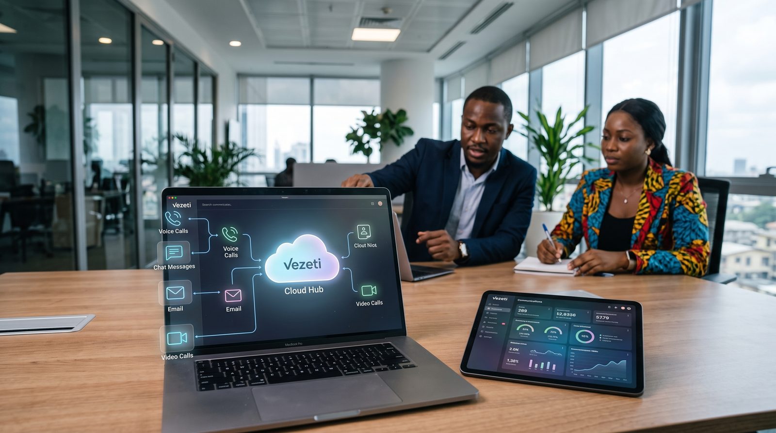 Two colleagues in a Lagos office meeting room with a laptop showing a Vezeti cloud hub connecting voice calls, chat messages, email and video calls, and a tablet showing a communications dashboard