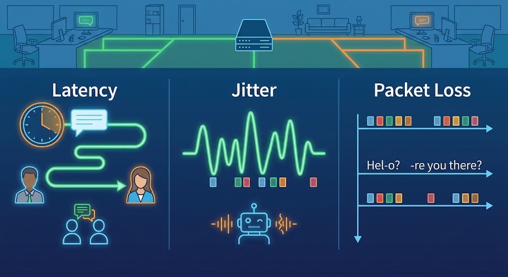 Illustration of the three causes of choppy VoIP calls: latency, jitter and packet loss