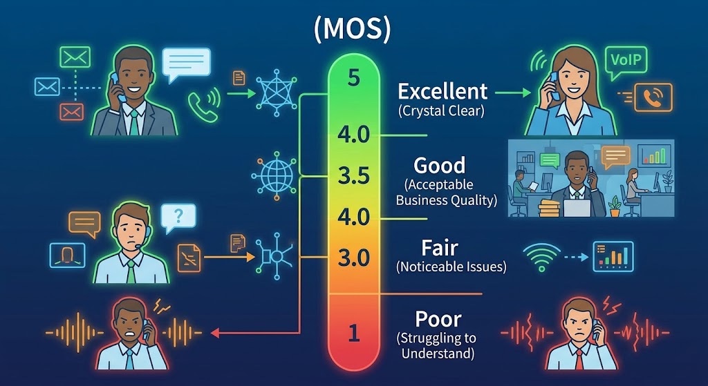The Mean Opinion Score (MOS) scale from 1 to 5, showing Excellent, Good, Fair and Poor call quality bands