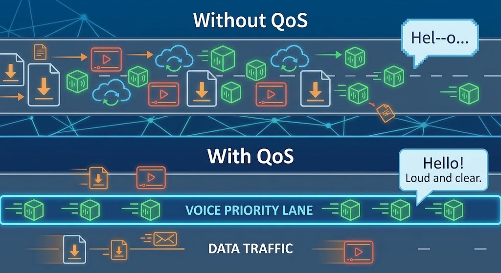 Comparison of a network without QoS, where voice packets are stuck among downloads and video, and with QoS, where voice has its own priority lane