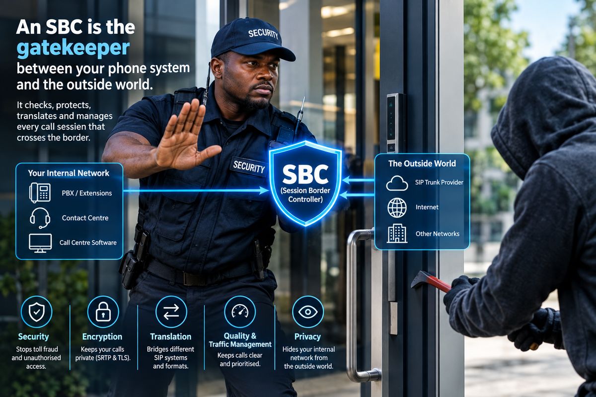 A security guard holding up his hand to stop a hooded intruder at the door, with an SBC shield between the internal phone network and the outside world
