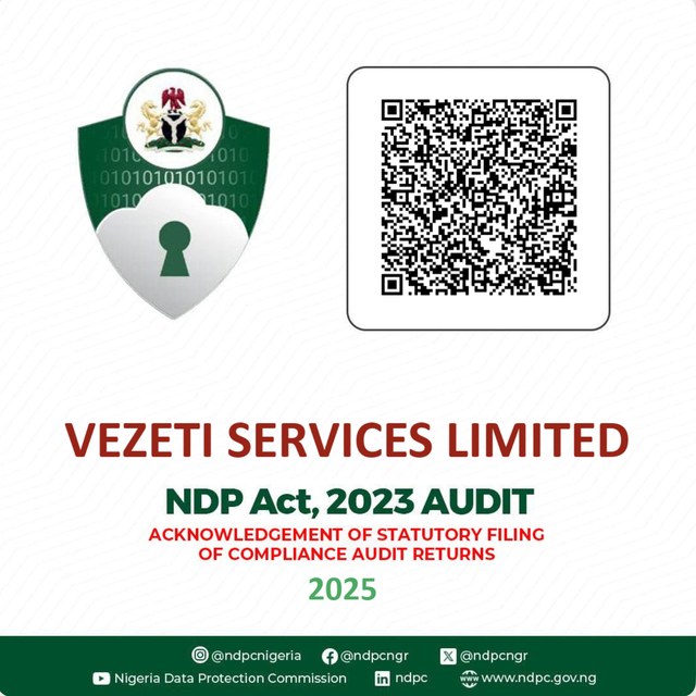 Nigeria Data Protection Commission — Vezeti Services Limited, NDP Act 2023 audit: acknowledgement of statutory filing of compliance audit returns, 2025, with verification QR code