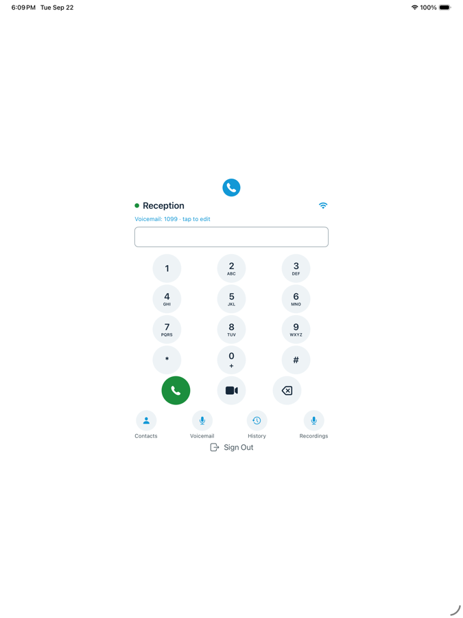 VezetiPhone dialer screen on iPad, showing the Reception extension, keypad, and Contacts, Voicemail, History and Recordings shortcuts