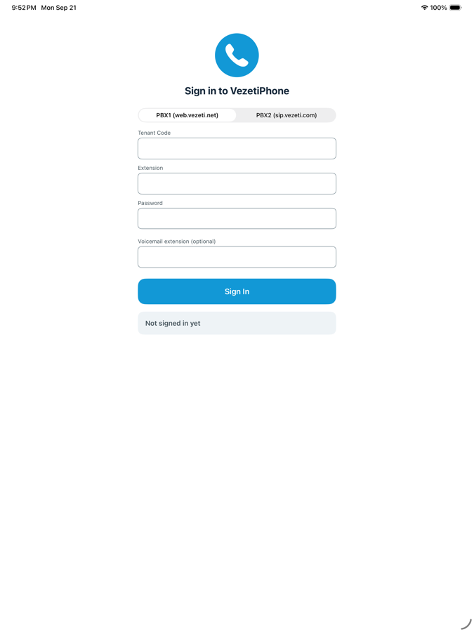 VezetiPhone sign-in screen on iPad, showing PBX1/PBX2 tabs and Tenant Code, Extension, Password and Voicemail extension fields