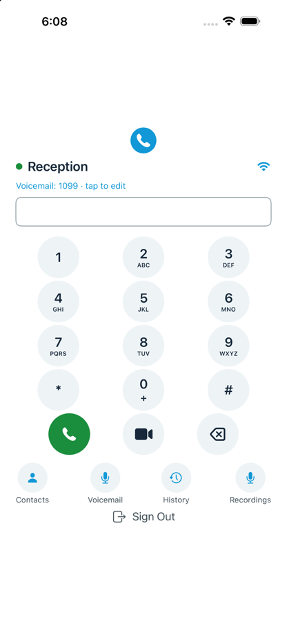 VezetiPhone dialer screen on iPhone, showing the Reception extension, keypad, and Contacts, Voicemail, History and Recordings shortcuts