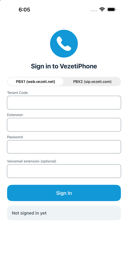VezetiPhone sign-in screen on iPhone, showing PBX1/PBX2 tabs and Tenant Code, Extension, Password and Voicemail extension fields